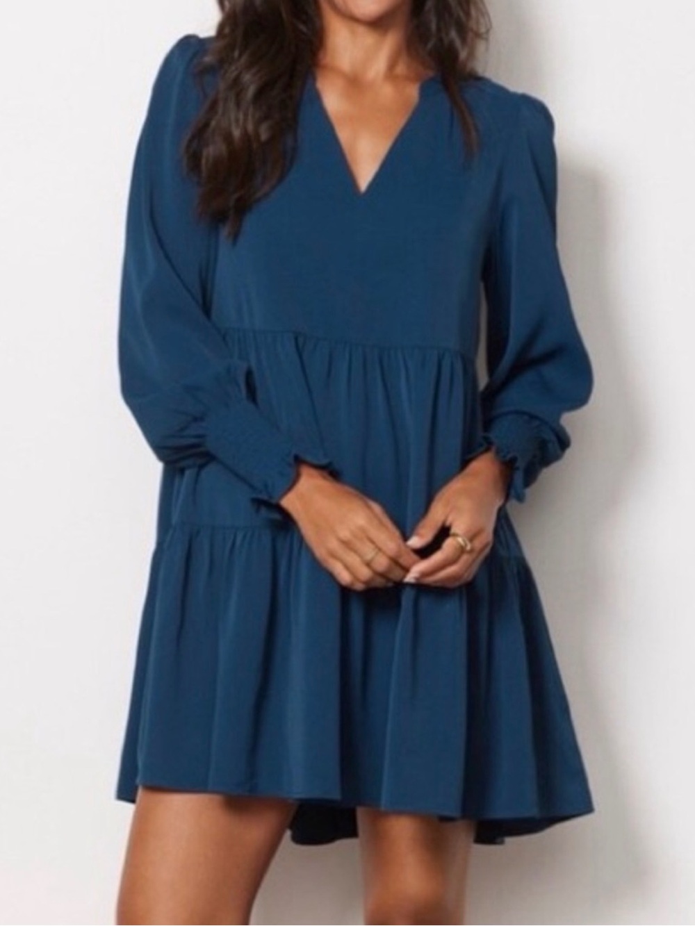 Evereve O.P.T Bay Smocked Long Sleeve Tiered Mini Teal Blue Dress small NWT $138